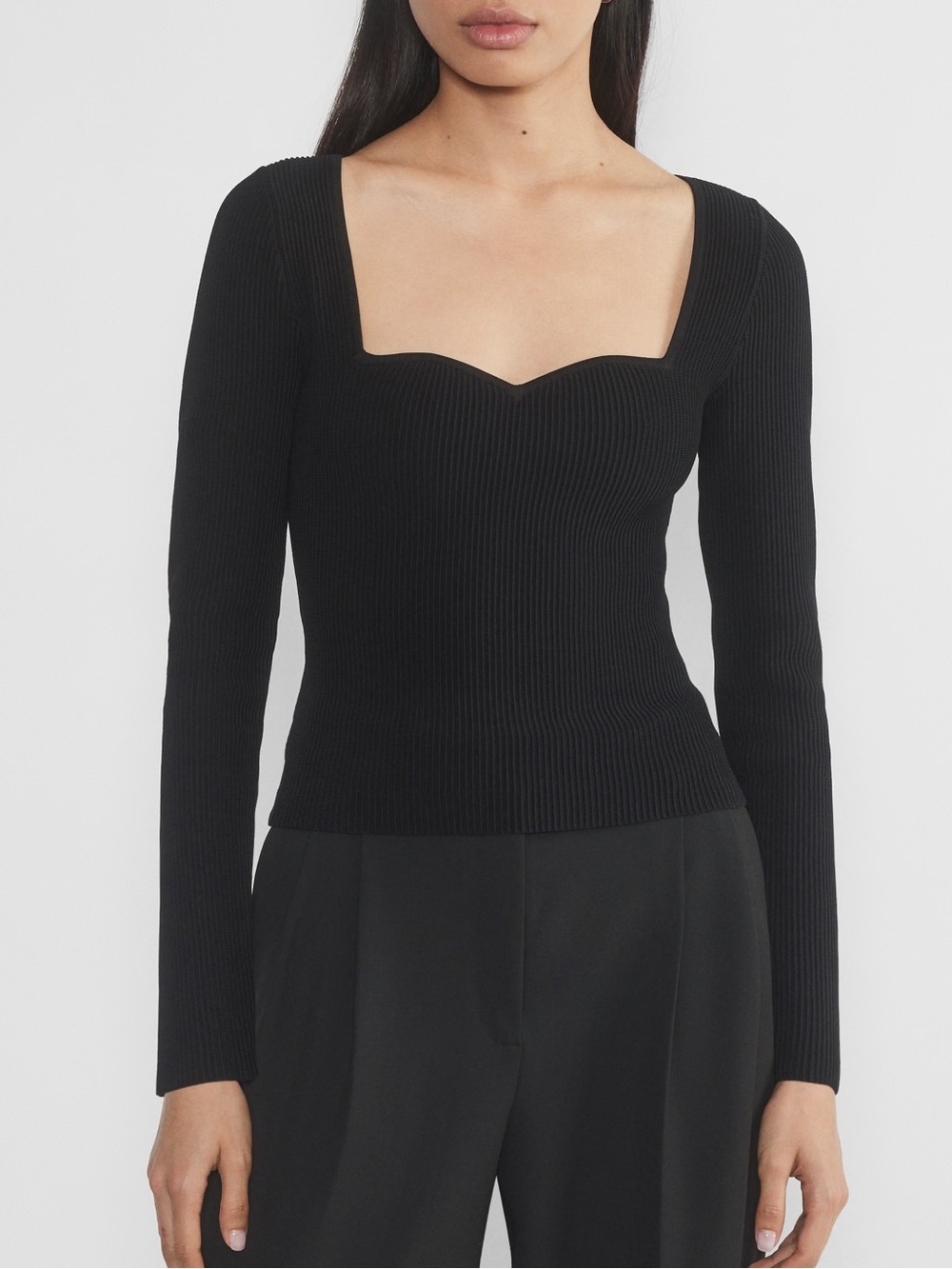 Black Ribbed Sweatheart Neckline Sweater